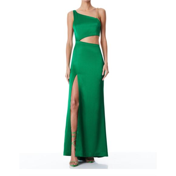 Alice + Olivia Karoline Chain Shoulder Cutout Gown In Emerald Size 10 - Picture 3 of 11